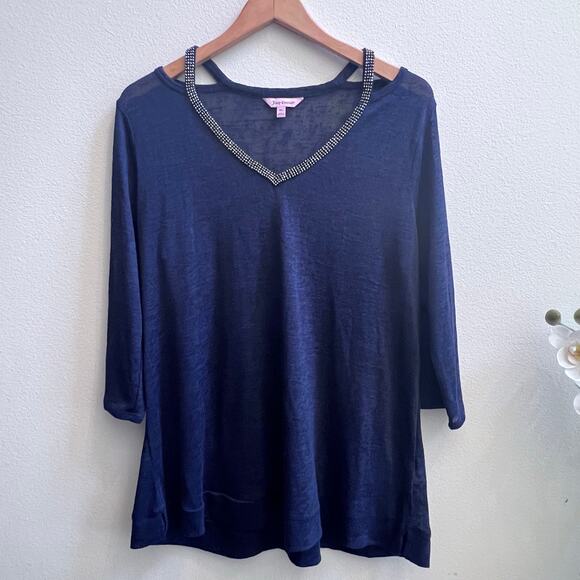 Juicy Couture Navy Blue Knit Sweater Top Cold Shoulder Bling V-Neck Boho XL - Picture 1 of 6